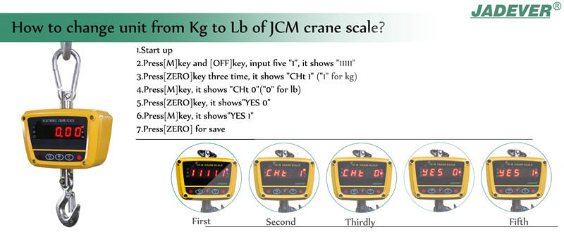 como mudar a unidade entre kg e lb da balança de guindaste JCM
