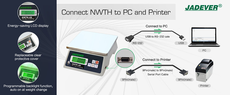 A balança de pesagem Jadever NWTH conecta ao PC e à impressora